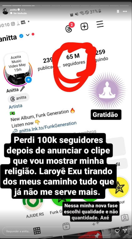 anitta perdeu 200 mil seguidores no instagram